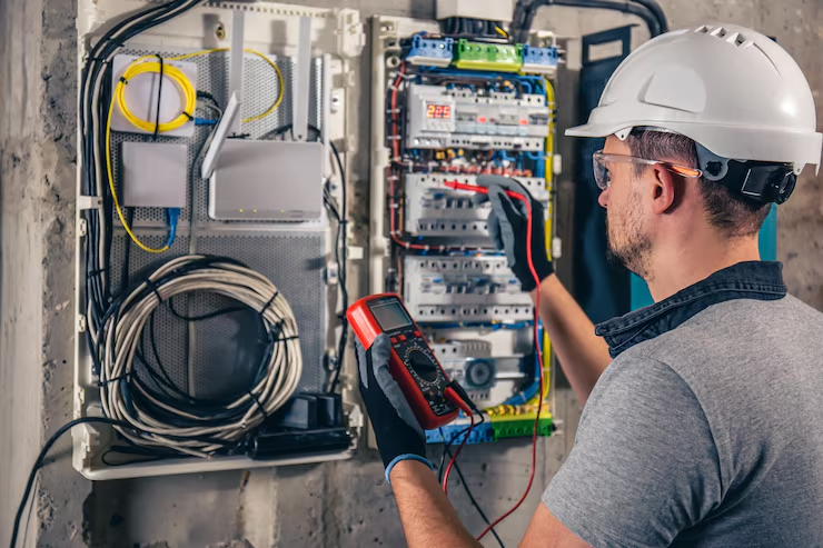 Electrician testing an electrical distribution panel with a digital multimeter